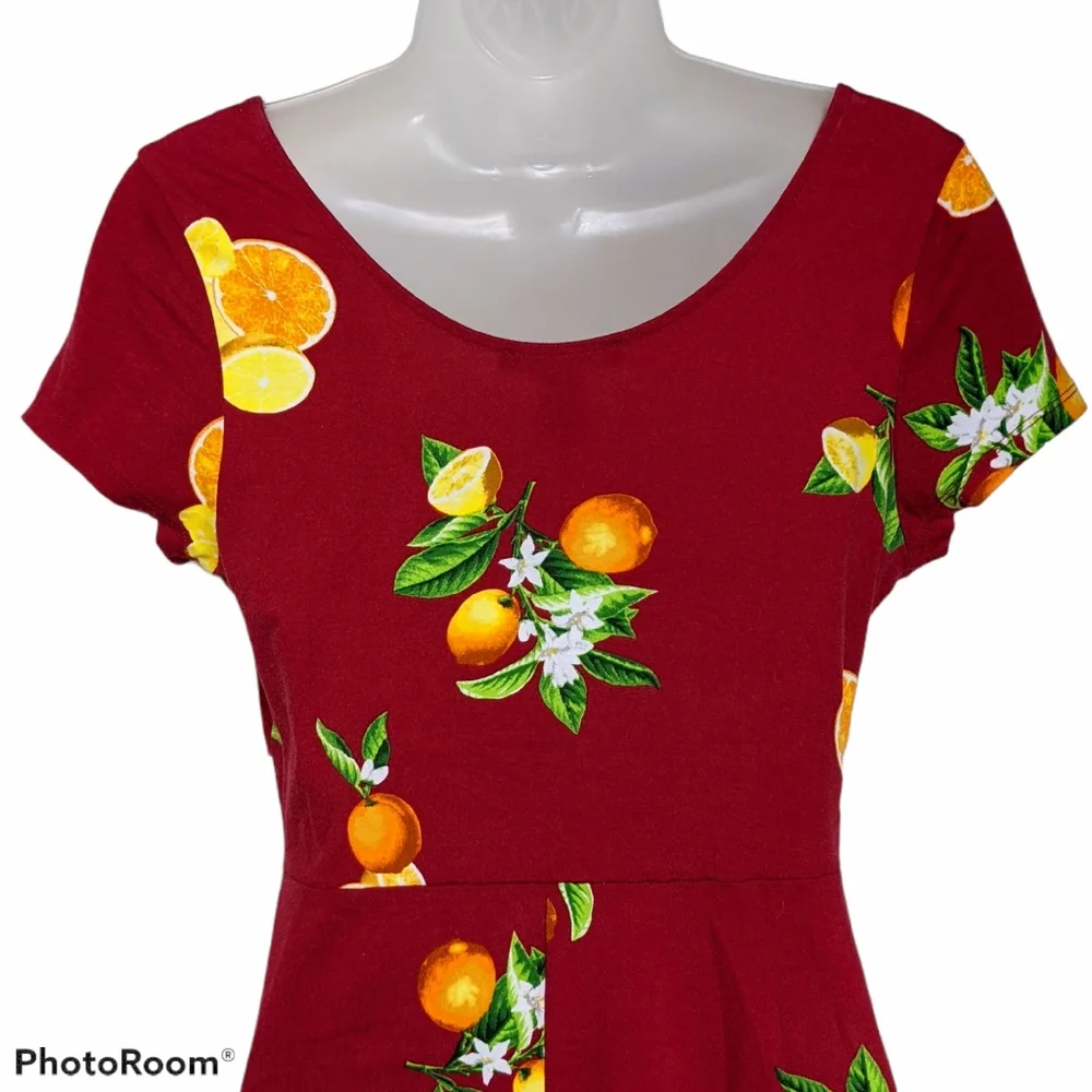 Forever 21 Dress Red Citrus Lemons Oranges Print Skater Dress Keyhole Medium